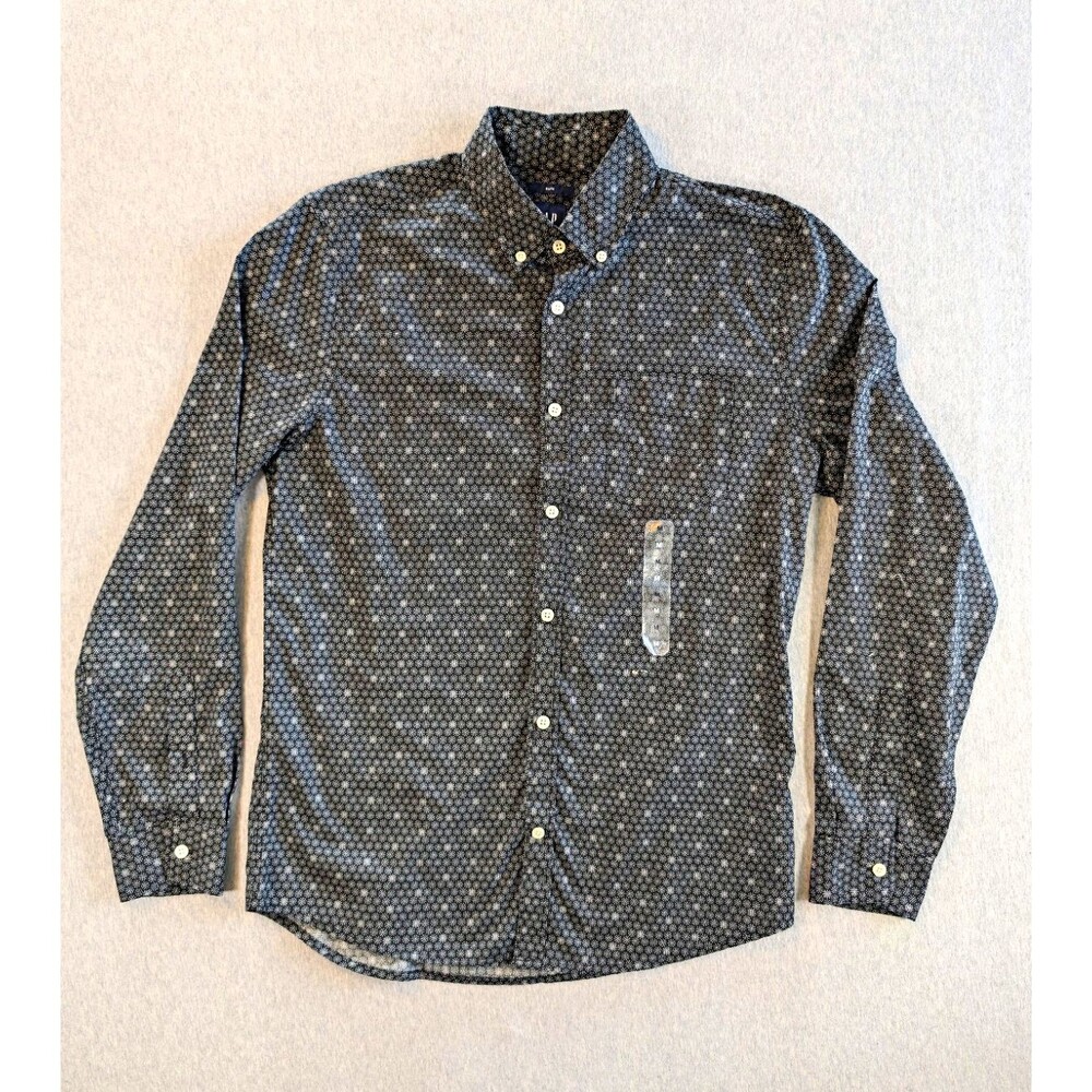 New GAP Mens M Navy White Polka Dot Long Sleeve Woven Slim Button-Up Shirt